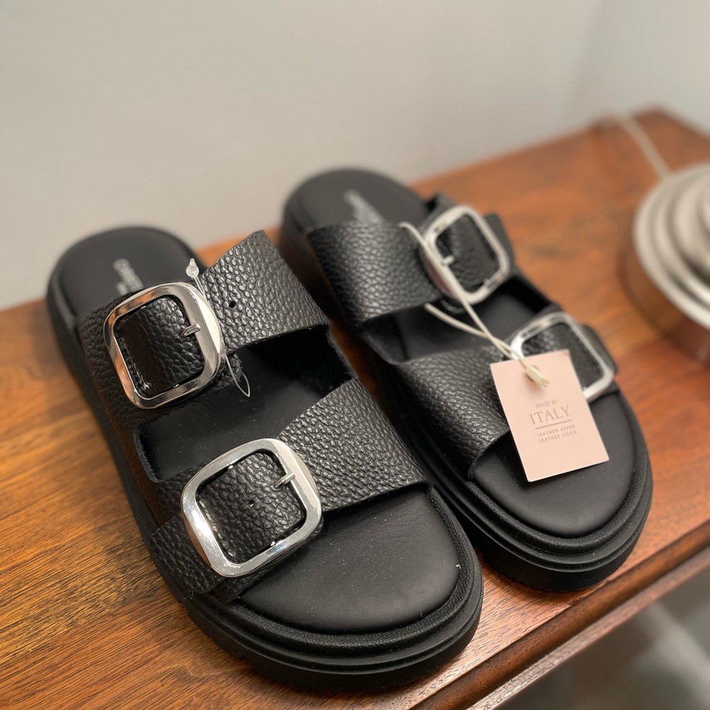 Genuine Black leather Sandals with Silver Buckles